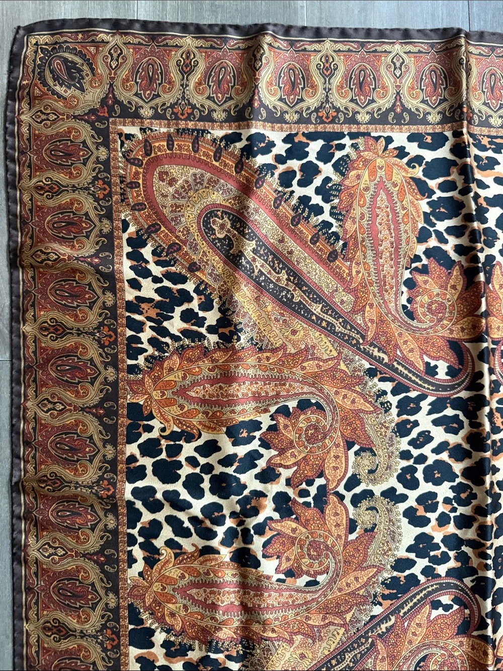 Vintage Silk Scarf Leopard & Paisley Print Square Scarf Brown Gold Accessory
